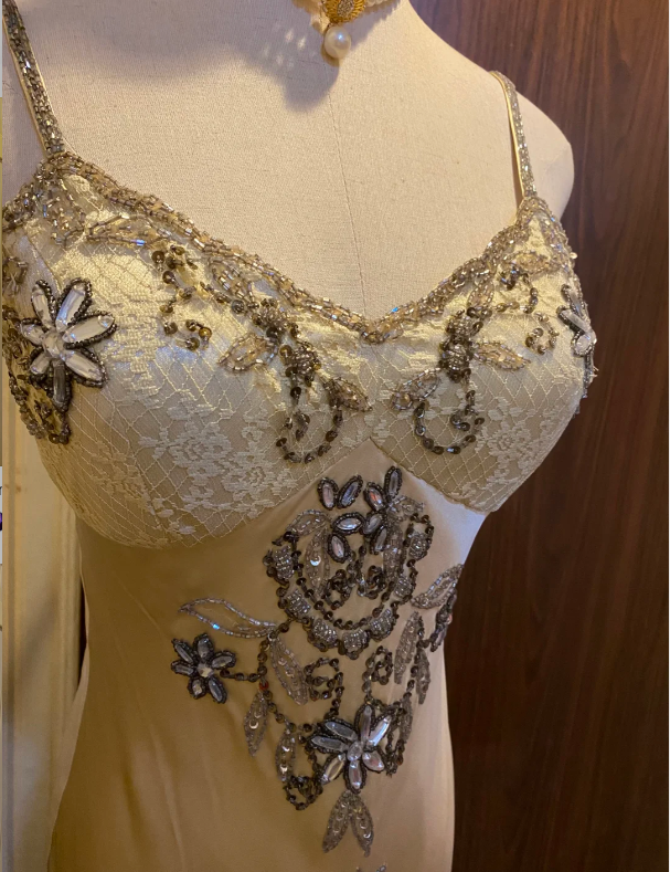 Vintage Beige Gold Irregular Strap Beaded Lace Formal Prom Dresses