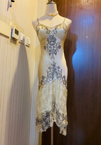 Vintage Beige Gold Irregular Strap Beaded Lace Formal Prom Dresses