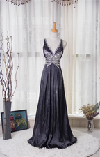Vintage Black A-Line V-Neck Open Back Butterfly Rhinestone Beaded Satin Long Formal Prom Dresses