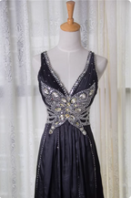 Vintage Black A-Line V-Neck Open Back Butterfly Rhinestone Beaded Satin Long Formal Prom Dresses