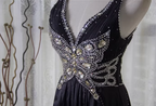Vintage Black A-Line V-Neck Open Back Butterfly Rhinestone Beaded Satin Long Formal Prom Dresses