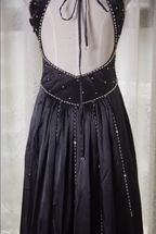 Vintage Black A-Line V-Neck Open Back Butterfly Rhinestone Beaded Satin Long Formal Prom Dresses