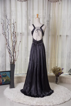 Vintage Black A-Line V-Neck Open Back Butterfly Rhinestone Beaded Satin Long Formal Prom Dresses