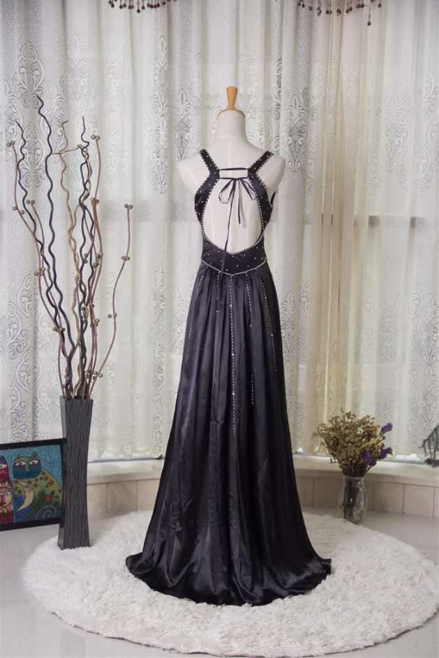 Vintage Black A-Line V-Neck Open Back Butterfly Rhinestone Beaded Satin Long Formal Prom Dresses