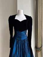 Vintage Black And Blue A-Line Long-Sleeved Velvet And Satin Formal Prom Dresses