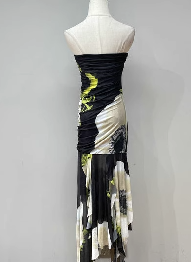 Vintage Black Base Floral Print Irregular Strapless Chiffon Long Formal Prom Dresses Secondary image