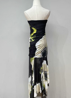Vintage Black Base Floral Print Irregular Strapless Chiffon Long Formal Prom Dresses