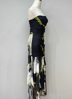 Vintage Black Base Floral Print Irregular Strapless Chiffon Long Formal Prom Dresses