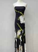 Vintage Black Base Floral Print Irregular Strapless Chiffon Long Formal Prom Dresses