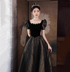 Vintage Black & Gold A-Line Square Neck Puff Sleeve Velvet Gold Shimmer Tulle Long Formal Prom Dresses