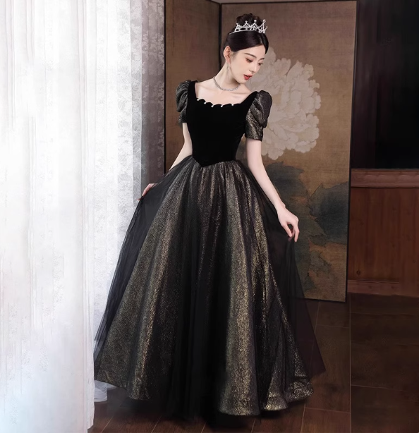 Vintage Black & Gold A-Line Square Neck Puff Sleeve Velvet Gold Shimmer Tulle Long Formal Prom Dresses