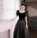 Vintage Black & Gold A-Line Square Neck Puff Sleeve Velvet Gold Shimmer Tulle Long Formal Prom Dresses