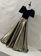 Vintage Black & Gold Panel A-Line V-Neck Short Sleeve Velvet Satin Long Formal Prom Dresses