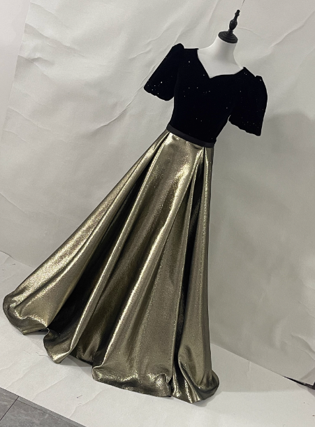 Vintage Black & Gold Panel A-Line V-Neck Short Sleeve Velvet Satin Long Formal Prom Dresses