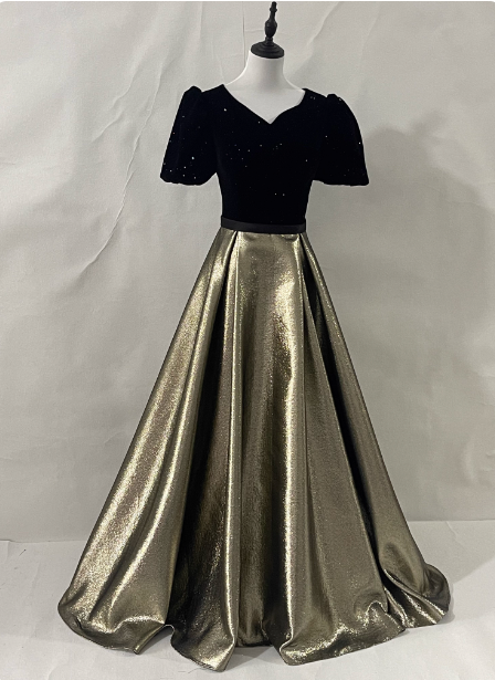 Vintage Black & Gold Panel A-Line V-Neck Short Sleeve Velvet Satin Long Formal Prom Dresses Main image