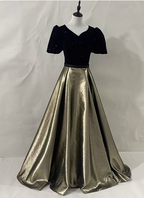Vintage Black & Gold Panel A-Line V-Neck Short Sleeve Velvet Satin Long Formal Prom Dresses