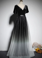 Vintage Black-Gray Gradient A-Line V-Neck Velvet Tulle Long Formal Prom Dresses