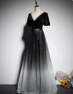 Vintage Black-Gray Gradient A-Line V-Neck Velvet Tulle Long Formal Prom Dresses