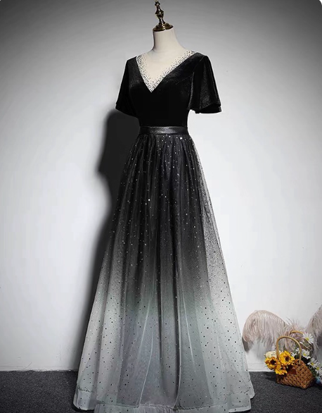 Vintage Black-Gray Gradient A-Line V-Neck Velvet Tulle Long Formal Prom Dresses