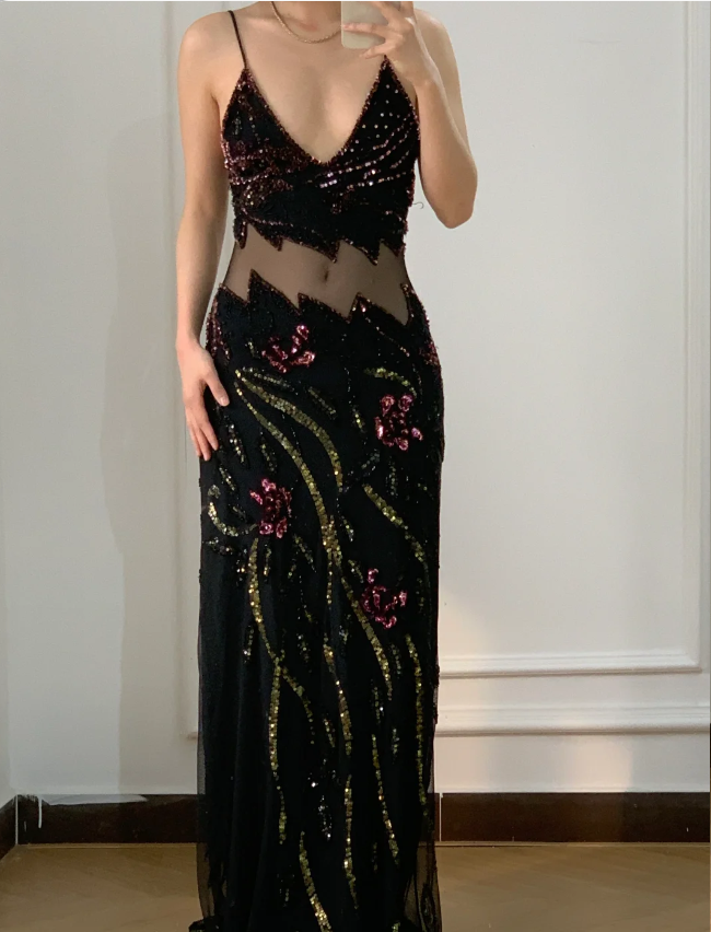 Vintage Black Mermaid Beaded Sequined Floral Cutout Tulle Long Formal Prom Dresses Secondary image