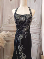 Vintage Black Mermaid Halter Neck Beaded Chiffon Long Formal Prom Dresses