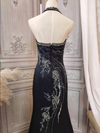 Vintage Black Mermaid Halter Neck Beaded Chiffon Long Formal Prom Dresses