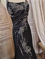 Vintage Black Mermaid Halter Neck Beaded Chiffon Long Formal Prom Dresses