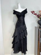 Vintage Black Mermaid One Shoulder Ruffle Satin Formal Prom Dresses