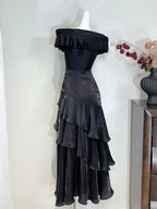 Vintage Black Mermaid One Shoulder Ruffle Satin Formal Prom Dresses