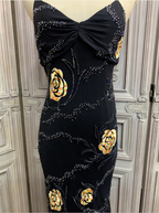 Vintage Black Mermaid Spaghetti Strap Gold Rose Beaded Embroidery Chiffon Long Formal Prom Dresses