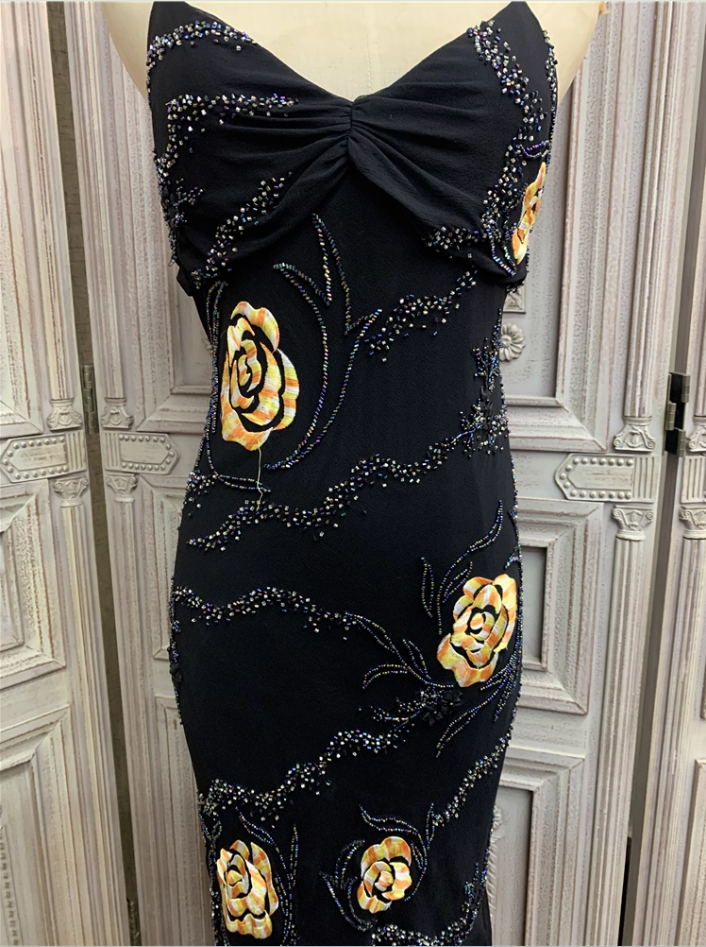 Vintage Black Mermaid Spaghetti Strap Gold Rose Beaded Embroidery Chiffon Long Formal Prom Dresses