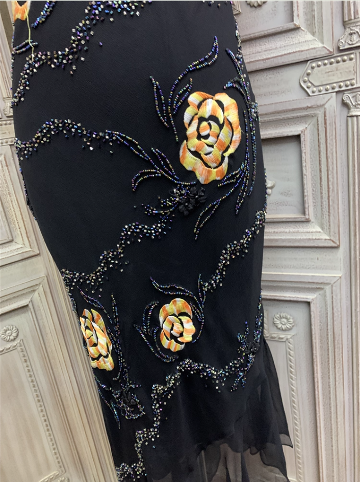 Vintage Black Mermaid Spaghetti Strap Gold Rose Beaded Embroidery Chiffon Long Formal Prom Dresses