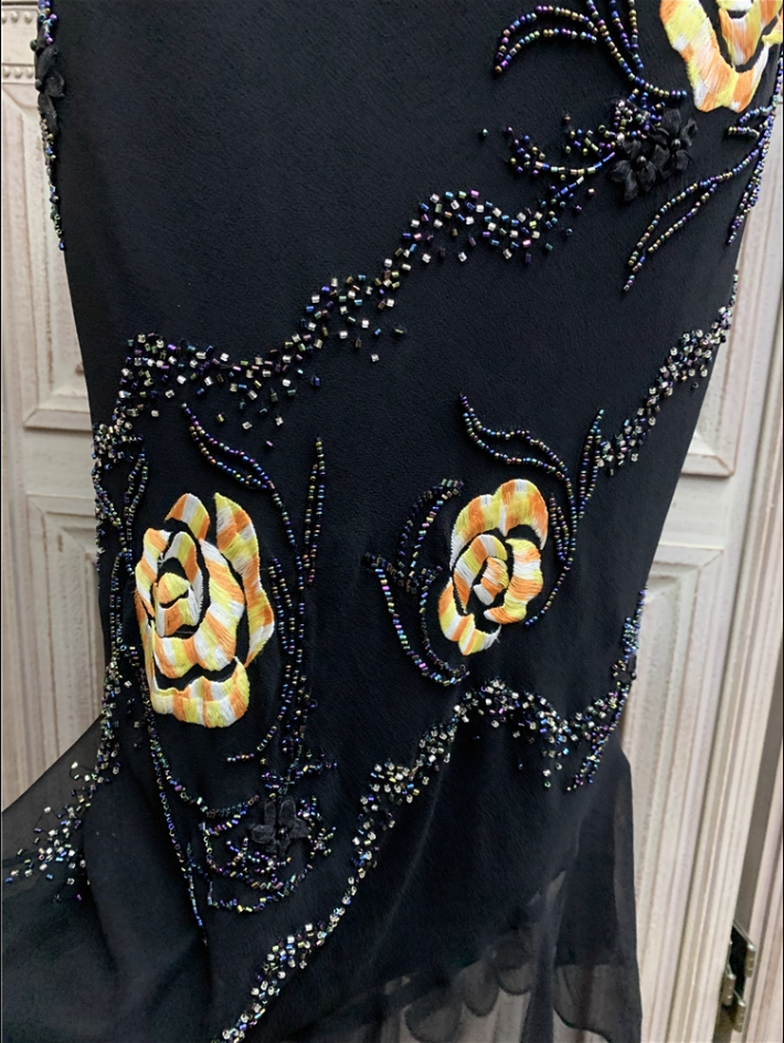 Vintage Black Mermaid Spaghetti Strap Gold Rose Beaded Embroidery Chiffon Long Formal Prom Dresses