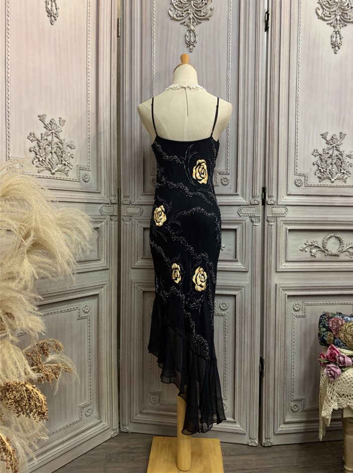 Vintage Black Mermaid Spaghetti Strap Gold Rose Beaded Embroidery Chiffon Long Formal Prom Dresses