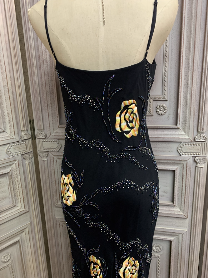 Vintage Black Mermaid Spaghetti Strap Gold Rose Beaded Embroidery Chiffon Long Formal Prom Dresses