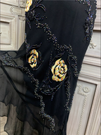 Vintage Black Mermaid Spaghetti Strap Gold Rose Beaded Embroidery Chiffon Long Formal Prom Dresses