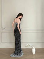 Vintage Black Mermaid Strapless Pearl Velvet Long Formal Prom Dresses