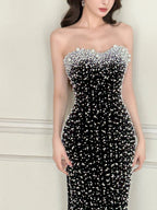 Vintage Black Mermaid Strapless Pearl Velvet Long Formal Prom Dresses