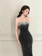 Vintage Black Mermaid Strapless Pearl Velvet Long Formal Prom Dresses