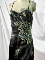 Vintage Black Peacock Feather Embroidered Slim-Fit Satin Long Formal Prom Dresses