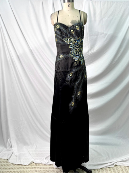 Vintage Black Peacock Feather Embroidered Slim-Fit Satin Long Formal Prom Dresses Main image