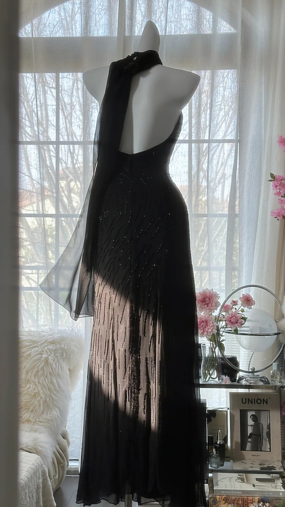Vintage Black Pink Diamond Halter Neck Chiffon Mermaid Prom Gown Formal Prom Dresses