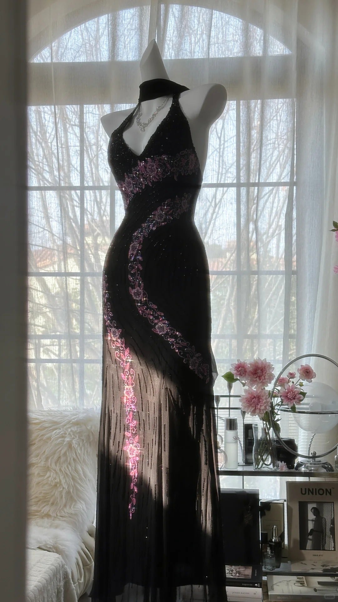 Vintage Black Pink Diamond Halter Neck Chiffon Mermaid Prom Gown Formal Prom Dresses