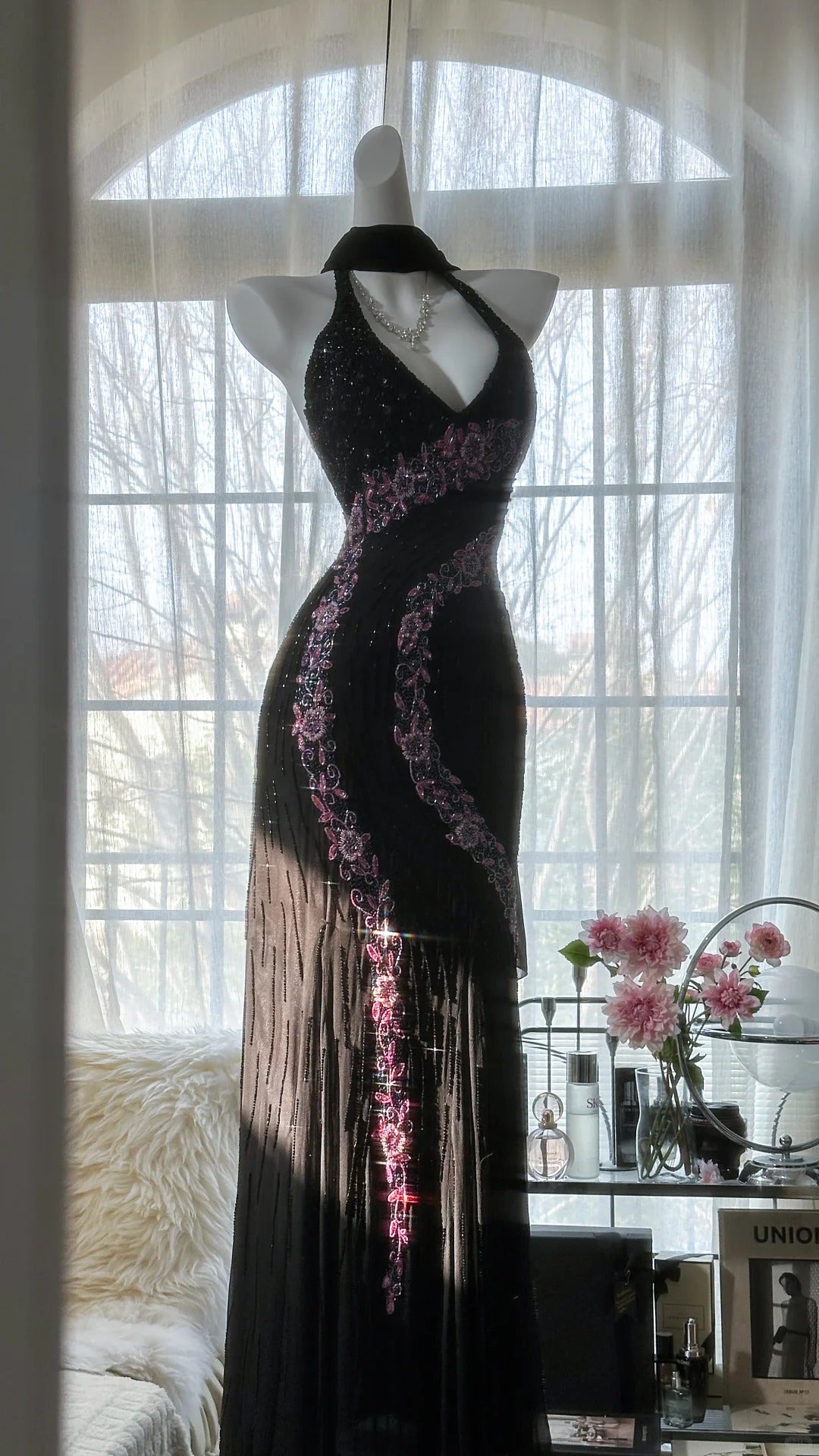 Vintage Black Pink Diamond Halter Neck Chiffon Mermaid Prom Gown Formal Prom Dresses