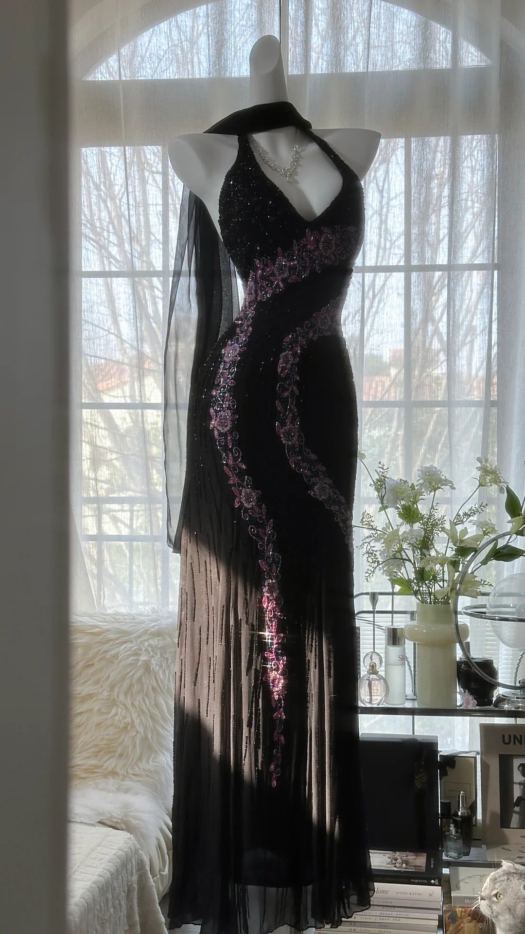 Vintage Black Pink Diamond Halter Neck Chiffon Mermaid Prom Gown Formal Prom Dresses