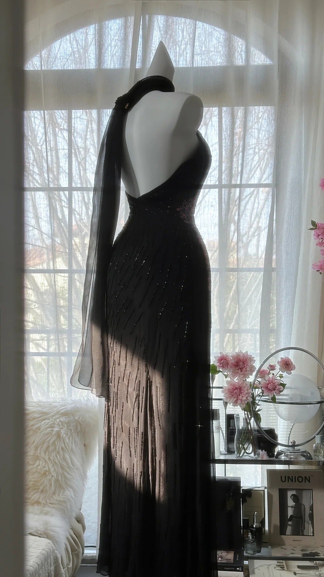 Vintage Black Pink Diamond Halter Neck Chiffon Mermaid Prom Gown Formal Prom Dresses