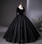 Vintage Black Puff Sleeve Velvet Shimmer Tulle Ball Gown Prom Dresses Sweet 16 Dresses