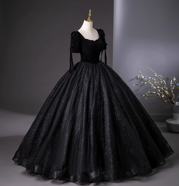 Vintage Black Puff Sleeve Velvet Shimmer Tulle Ball Gown Prom Dresses Sweet 16 Dresses