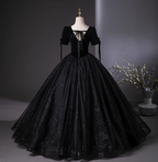 Vintage Black Puff Sleeve Velvet Shimmer Tulle Ball Gown Prom Dresses Sweet 16 Dresses