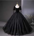 Vintage Black Puff Sleeve Velvet Shimmer Tulle Ball Gown Prom Dresses Sweet 16 Dresses